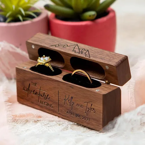 Vista 3 de Yonhi Joyeros de doble anillo con nombre personalizado, caja de anillo de madera personalizada, propuesta, compromiso, ceremonia de boda, caja