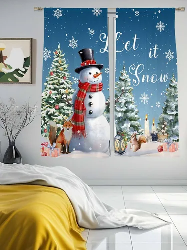 Vista 3 de Juego de 2 paneles de cortinas traslúcidas de Navidad de 63 pulgadas de largo, muñeco de nieve azul para dormitorio, sala de estar, bolsillo