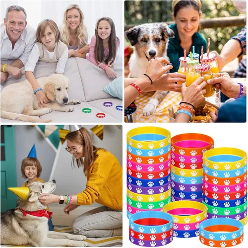 Vista 5 de Gejoy Sumind - 48 pulseras de goma con estampado de patas, recuerdos de fiesta de perro, multicolor