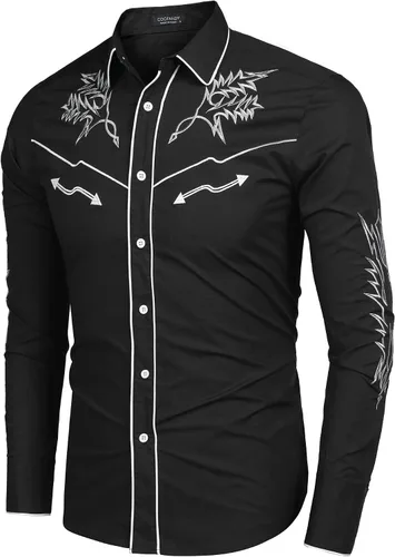 Vista 3 de Coofandy Camisa vaquera occidental bordada de manga larga de algodón casual con botones