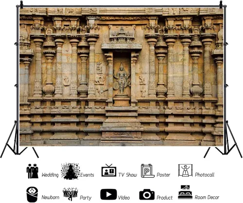 Vista 3 de AOFOTO Telón de fondo tallado de templo hindú de 5 x 4 pies de Thanjavur, antiguas columnas de templo Brihadishvara, ídolos tallados en fondo