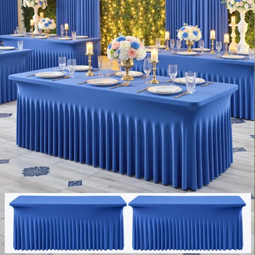 Vista 13 de Paquete de 2 manteles de elastano azul bebé de 6 pies con falda de mesa con volantes, manteles ajustables elásticos sin arrugas para mesas