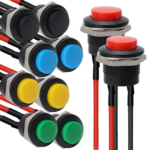 Vista 9 de STARELO 5 piezas de interruptor de botón momentáneo redondo de 16 mm SPST 3A AC250V/6A AC125V 2Pin 1NO con cable presoldado R13-507 (negro).