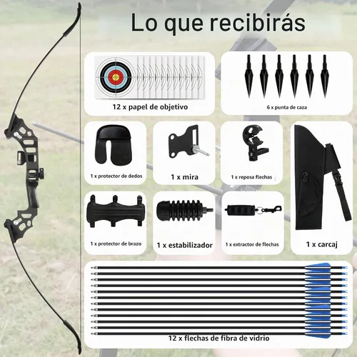 Vista 6 de Recurve Bow and Arrow Set for Adults, 30–40lbs Right-Handed Archery Kit with Carbon Arrows & Accessories for Outdoor Target Practice