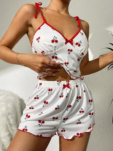 Vista 4 de SweatyRocks Conjunto de pijama de 2 piezas con estampado floral para mujer, con lazo frontal y volantes