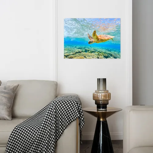 Vista 2 de Playa - Arte de pared del océano: tortugas marinas en un lienzo azul para decoración de baño, arte marino, tortuga hawaiana, decoración costera