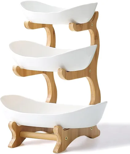 Vista 8 de Liywall - Frutero de cerámica de 2 niveles con soporte de madera de bambú para encimera de cocina,Cesta de frutas de porcelana para almacenamiento