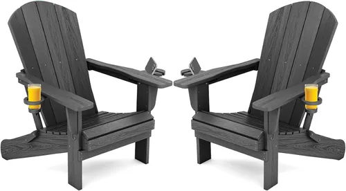 Vista 23 de SERWALL Silla Adirondack plegable, Silla Adirondack HDPE con textura de madera - gris