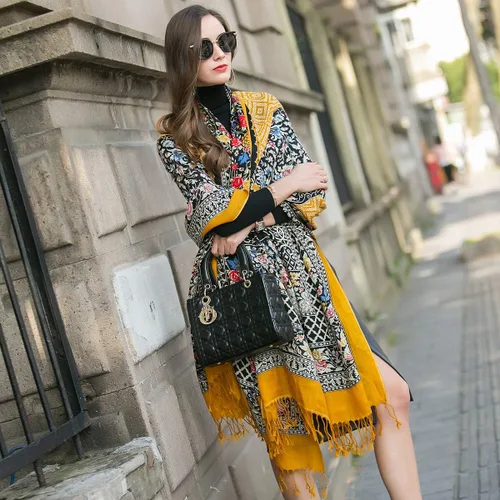 Vista 3 de DANA XU 100% pura lana merino extra grande pashmina cachemira bufanda chal y envoltura para mujeres invierno manta floral de gran
