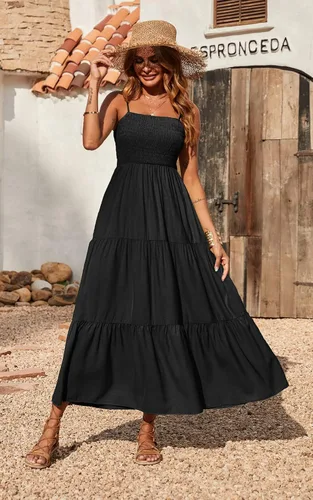 Vista 2 de PRETTYGARDEN - Vestido largo de verano para mujer casual bohemio sin mangas con tirantes delgados fruncido para playa para el sol