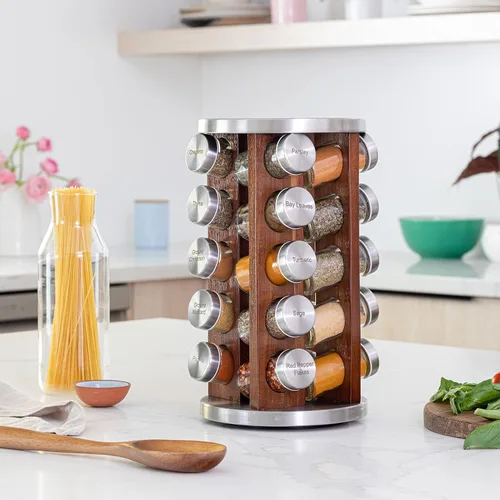 Vista 2 de Orii Repisa para 20 tarros de madera de acacia oscura con especias incluidas - Organizador giratorio en torre para especias y condimentos de cocina