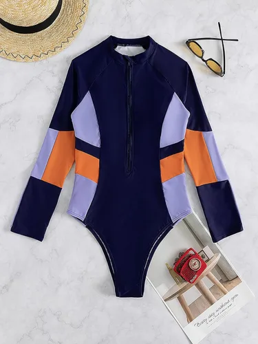 Vista 4 de WDIRARA Traje de baño de una pieza de manga larga para mujer, con estampado geométrico, cremallera frontal, control de abdomen
