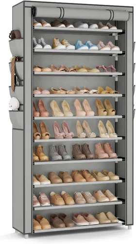 Vista 10 de VTRIN Zapatero con tapa, organizador de zapatos de 7 niveles para 35-40 pares de zapatos y botas, estante alto de gran capacidad con 8 bolsillos