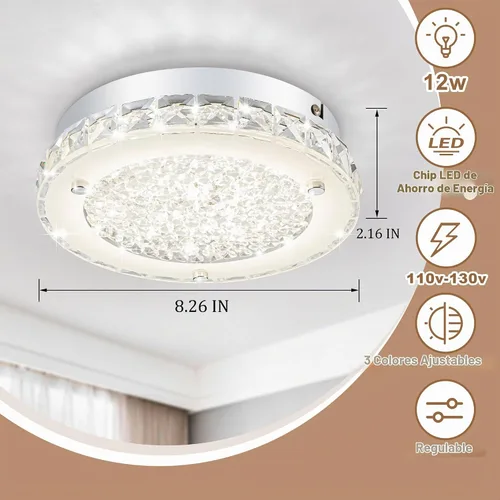 Vista 2 de Lámpara de techo de cristal de montaje al ras, lámpara de techo LED moderna de 8.3 pulgadas, lámparas de araña de cristal regulables