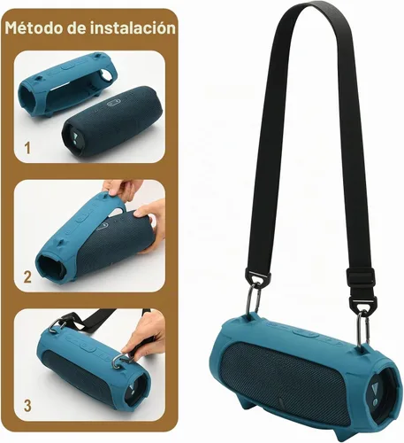 Vista 6 de Funda de silicona para altavoz portátil JBL Charge 5, funda protectora de transporte de viaje con soporte para correa de hombro, cubierta de Negro