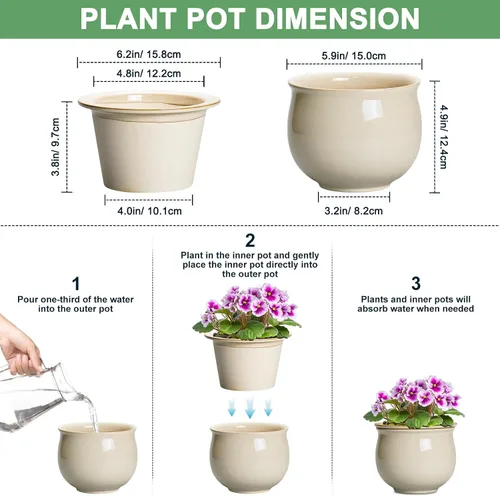 Vista 2 de Macetas de riego automático de 6 pulgadas para plantas de interior, macetas de cerámica violeta africana con maceta interior absorbente, maceta
