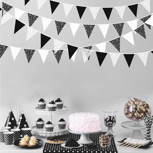 Vista 5 de Banderín blanco y negro de 32 pies de tela de encaje triangular, guirnalda de banderines de algodón para boda, cumpleaños, aniversario, fiesta