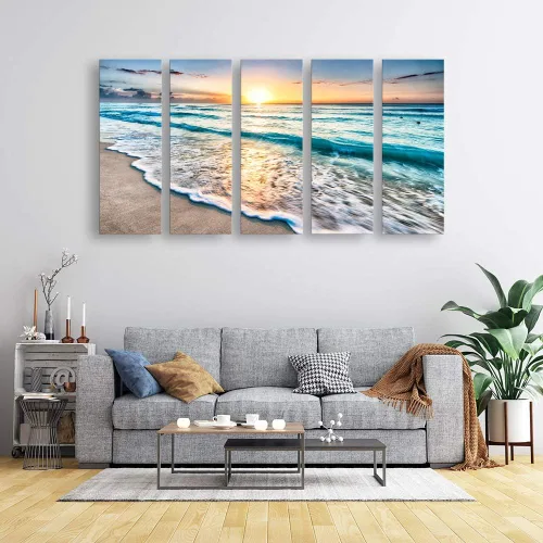 Vista 3 de S02258 - Impresiones en lienzo para pared, playa, puesta de sol, océano, naturaleza, estiradas y enmarcadas, pinturas sobre lienzo para sala