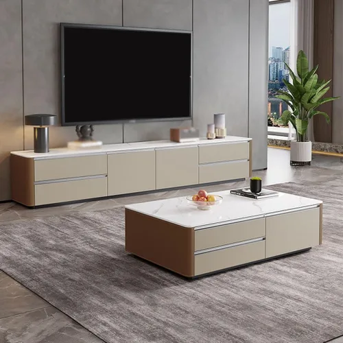 Vista 5 de Tv Stand TV Stand Home Audio-Visual Cabinet Living Room Entertainment Center Leather Storage Cabinet Cream Style Floor Cabinet Tv Consoles for