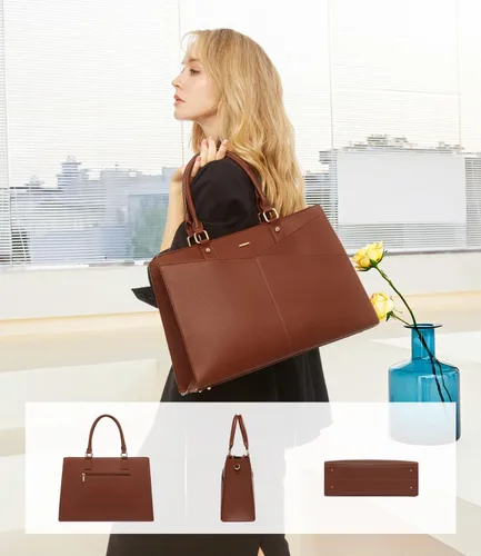 Vista 2 de LOVEVOOK Bolsa de mano para laptop para mujer, bolsa de trabajo de cuero para negocios, oficina, maletín para computadora con pequeño clutch, apto