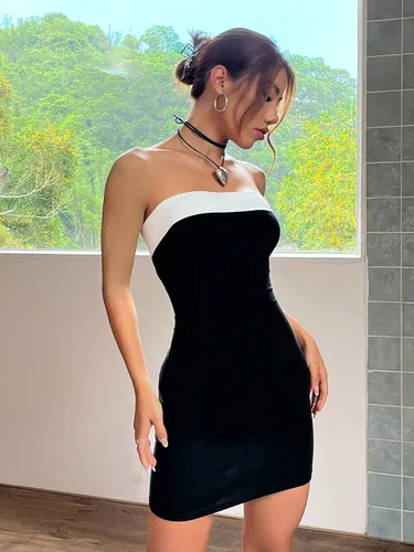 Vista 7 de GORGLITTER Minivestido sexy sin tirantes para mujer, con bloques de color, sin mangas, bodycon