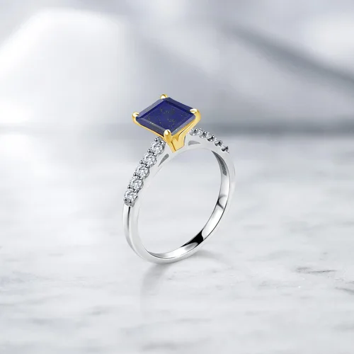 Vista 4 de Gem Stone King Anillo de compromiso de plata de ley 925 y oro amarillo de 10 quilates con corte esmeralda azul y lapislázuli blanco creado