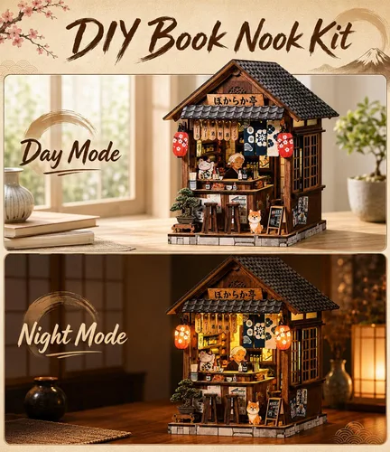 Vista 3 de Kit de rincón de libros, casa en miniatura con luces LED, rompecabezas de madera 3D para adultos, kit de construcción de casa de muñecas, regalo