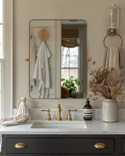 Vista 24 de Espejo giratorio Moon Mirror de oro cepillado, espejo inclinable de latón para tocador rectangular para baño, medidas totales 24.33 x 28 pulgadas