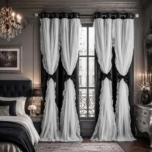 Vista 9 de PONY DANCE Cortinas con Volantes de Doble Capa con Superposición Transparente, Decoración Elegante para Ventanas de Diseño Rústico Francés de Campo