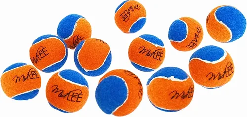 Vista 10 de Midlee Squeaky Mini pelota de tenis para perros de 1.5 pulgadas, paquete de 12 (amarillo/morado) Small Little Puppy Sized Tennis Balls