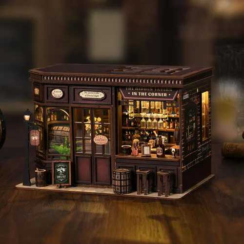 Vista 2 de Kit de rincón de libros, kit de casa de muñecas en miniatura con muebles y luz LED, rompecabezas 3D, sujetalibros de arte de madera, kits