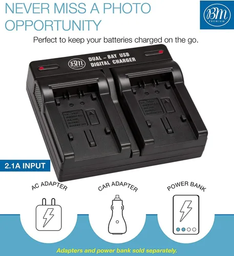 Vista 2 de BM Premium Cargador de batería dual USB VW-VBK180, VW-VBK360, VBT190, VBT380 para videocámaras Panasonic