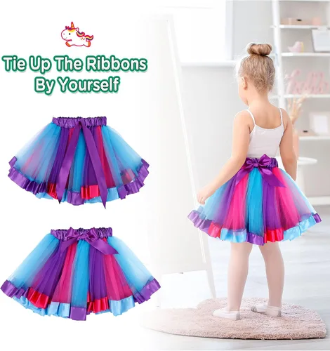 Vista 4 de Simplicity - Falda tutú de tul con forma de arco iris con diadema de unicornio y lazo para el pelo