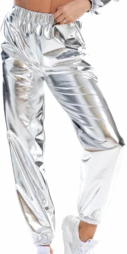 Vista 2 de BZGTZT Pantalones deportivos elásticos de cintura alta metálicos brillantes para mujer, aspecto mojado, hip hop, club, pantalones holográficos