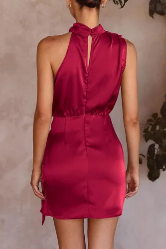 Vista 5 de PRETTYGARDEN Vestido corto formal de satén para mujer, vestido de verano sin mangas con cuello alto falso, lazo en la cintura, vestidos de fiesta