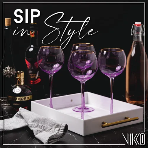 Vista 2 de Vikko Copas de vino lila, 17 onzas, tallo, borde dorado, juego de 2, vino tinto y blanco