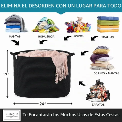 Vista 10 de XXXXL LAVABLE Cesta Grande Negra para Mantas Cesta para Sala de Estar 2 Piezas Cestas de Juguetes Almacenamiento Niños de Cuerda Tejida XXX Cesta