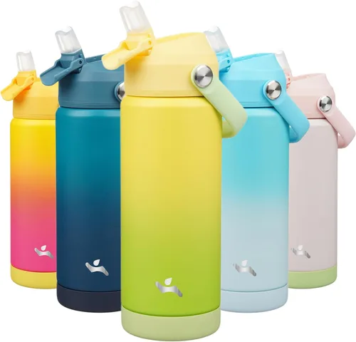 Vista 55 de Konokyo Botella de agua aislada con tapa de pajilla, botella de metal al vacío de acero inoxidable de 18 onzas con mango de silicona, color negro
