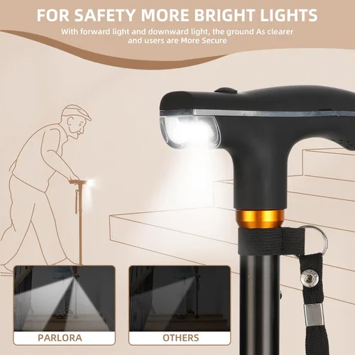 Vista 2 de Parlora Bastón para caminar con luz LED, plegable, ajustable, plegable, bastón de pie independiente, base cuádruple giratoria, bastones plegables