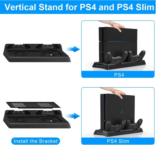 Vista 3 de KEKUCULL Estación de carga de controlador para PS4PS4 SlimPS4 Pro, soporte vertical PS4 con estación de carga de doble controlador, ventilador