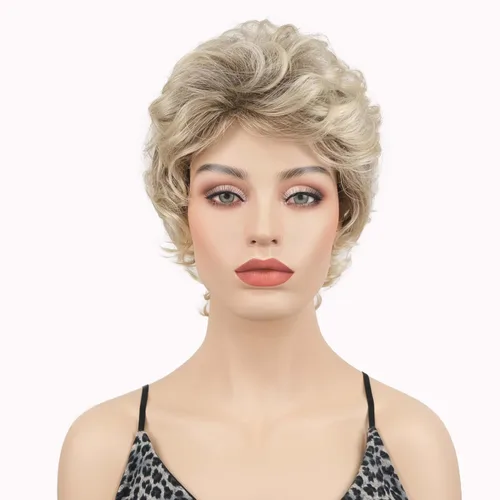 Vista 10 de Lydell Pelucas cortas y onduladas de 6 pulgadas, cabello sintético completo, estilo clásico (12TT26 marrón claro con reflejos)