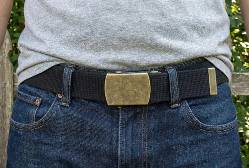 Vista 2 de Cinturón de lienzo, estilo militar con hebilla de bronce antiguo, 50 pulgadas de largo