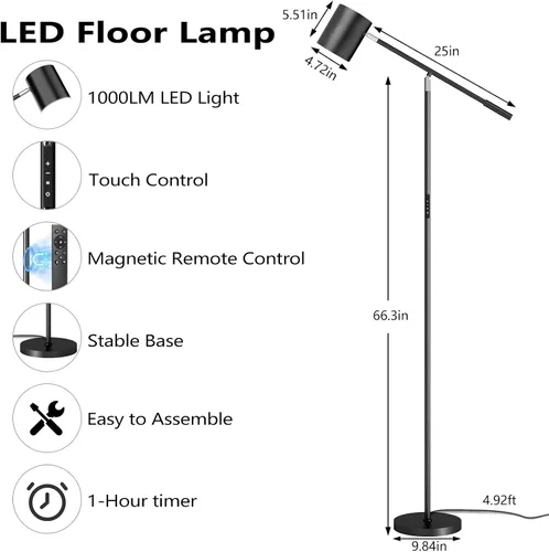 Vista 7 de Lámparas de pie para sala de estar, moderna lámpara de pie regulable con control remoto y táctil, brazos oscilantes ajustables de 73 pulgadas