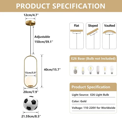 Vista 2 de KCO Moderna lámpara colgante de globo de vidrio de 1 luz, lámpara colgante dorada y blanca, iluminación colgante minimalista de latón cepillado
