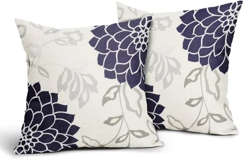 Vista 27 de Sweetshow Juego de 2 fundas de almohada florales de color azul marino de 16 x 16 pulgadas, fundas de almohada cuadradas de lino con estampado
