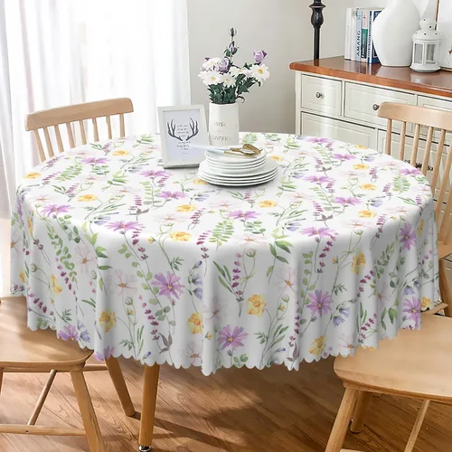 Vista 9 de Mantel redondo floral rústico de 48 pulgadas, con estampado botánico de flores en acuarela verde, azul y gris, a prueba de derrames y aceite, tela