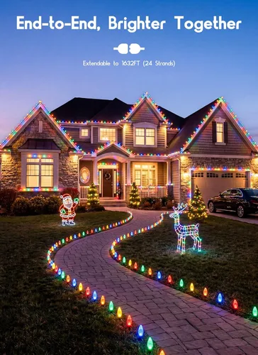 Vista 2 de Luces LED C9 de Navidad para Exteriores, 68 Pies, 100 Luces LED de Cadena con Clips Rápidos, Grado Comercial Extensibles Impermeables Luces