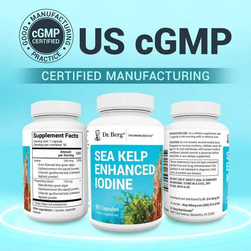 Vista 5 de Dr. Berg Sea Kelp Yodo mejorado - 200 mcg de yodo premium - Mezcla de algas marinas incluye algas azul-verdes Klamath y algas marinas - 90 cápsulas