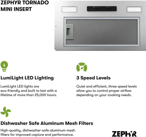 Vista 2 de Zephyr Campana extractora de inserción de 21 pulgadas, 400 CFM, potencia de 3 velocidades, ventilador Tornado, mini toldo de ventilación integrado