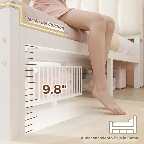 Vista 9 de Jocoevol Base de cama individual con cabecera de almacenamiento para niños, marco de cama tapizado blanco tamaño individual con cajones de Beige